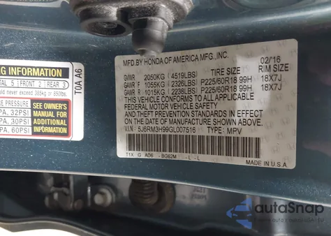 2016 Honda Cr-V Touring из США, поврежденный, VIN 5J6RM3H99GL007516